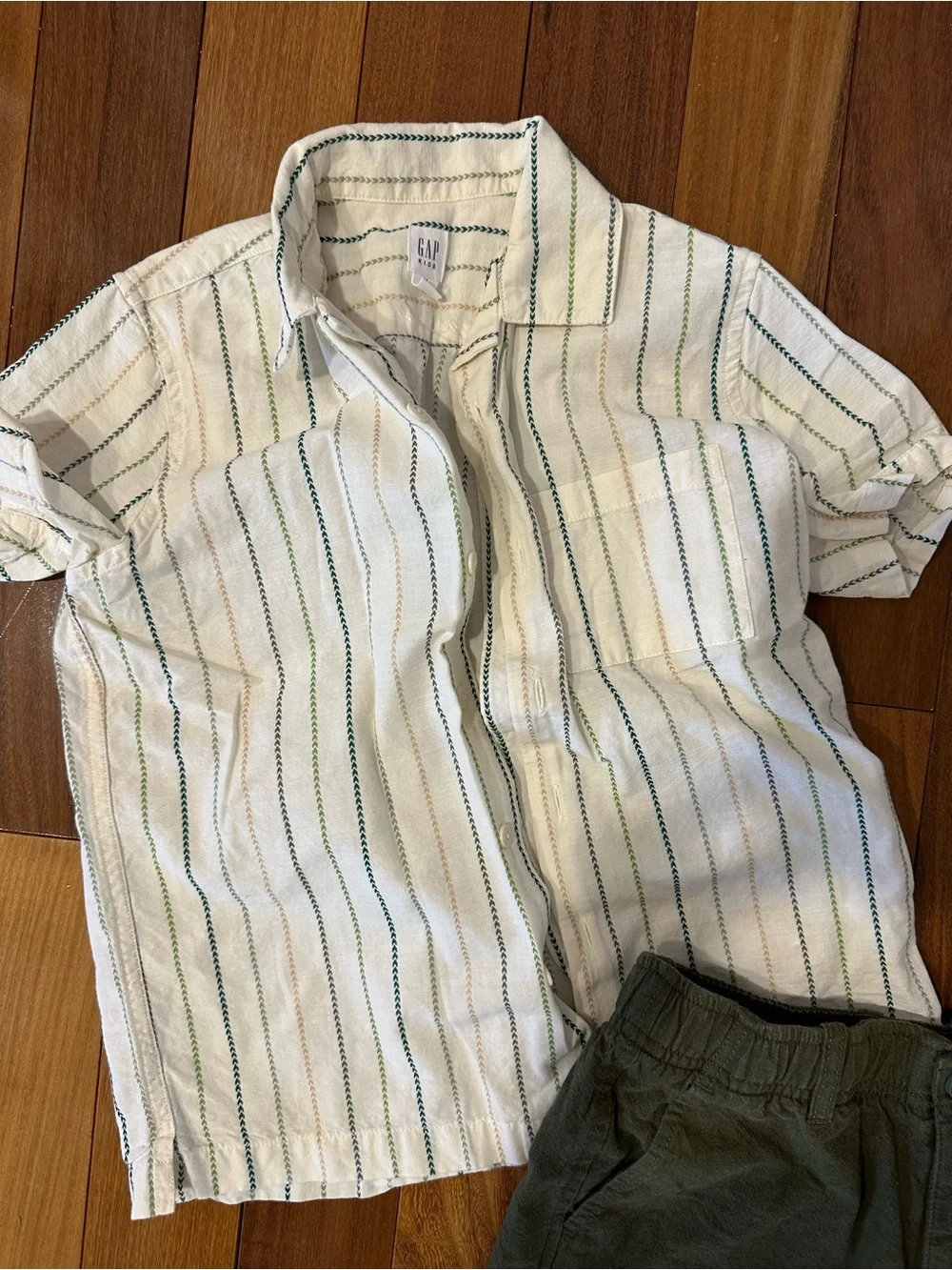 Boys Olive Green shorts and button down shirt